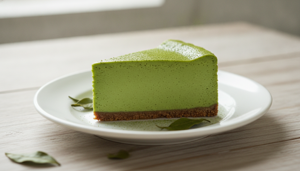 A slice of vibrant green matcha green tea cheesecake showing its smooth texture on a white plate Clean minimalist stylin