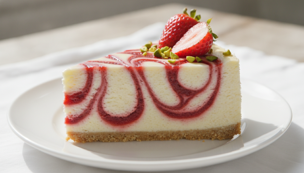 A slice of strawberry swirl cheesecake with distinct red and white swirls on a white plate Fresh bright lighting