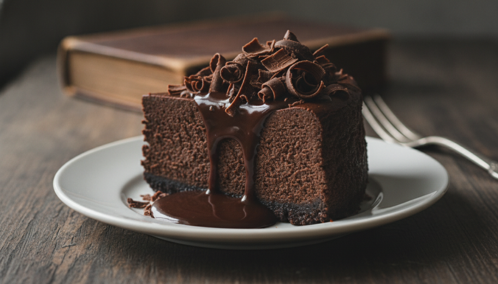 A rich dark chocolate cheesecake slice garnished with chocolate shavings or ganache on a white plate Elegant moody light