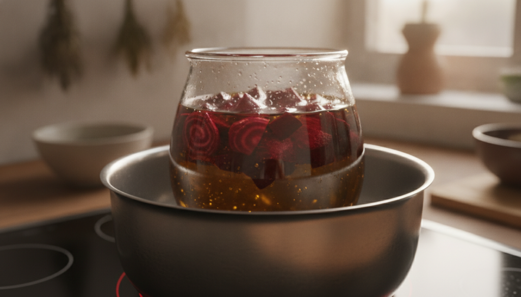 A close-up of a glass jar with chopped beetroot submerged in jojoba oil sitting in a double boiler over a gentle heat on
