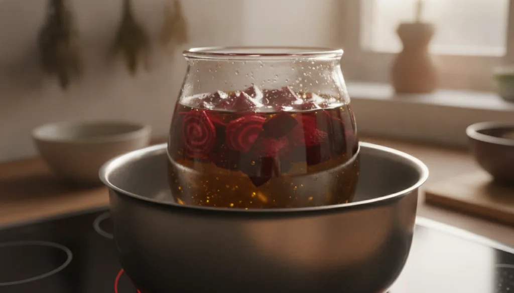A close-up of a glass jar with chopped beetroot submerged in jojoba oil sitting in a double boiler over a gentle heat on