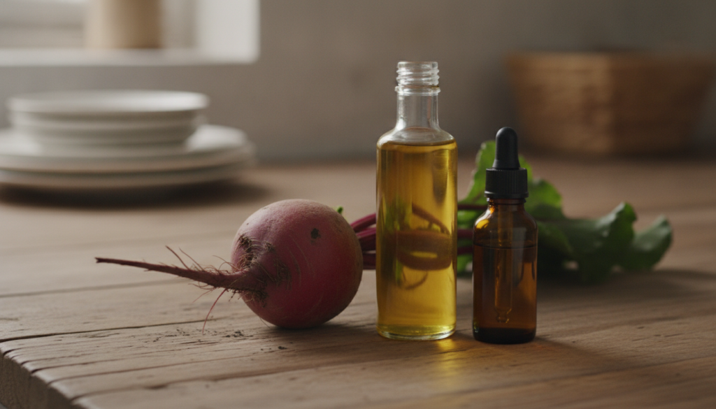 Ingredients for beetroot glow drops a fresh beetroot a bottle of jojoba oil and a small bottle of vitamin E oil arranged