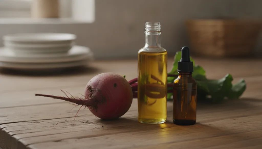 Ingredients for beetroot glow drops a fresh beetroot a bottle of jojoba oil and a small bottle of vitamin E oil arranged