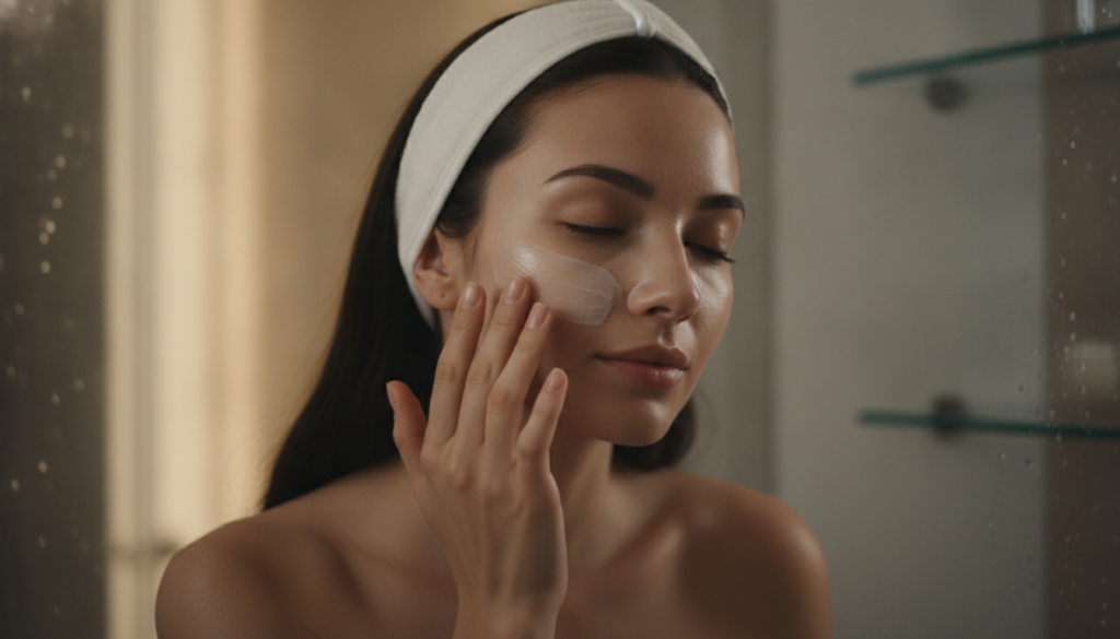 A woman gently applying a thin layer of the Vaseline and rice mixture to her face before bed showcasing a calm and seren