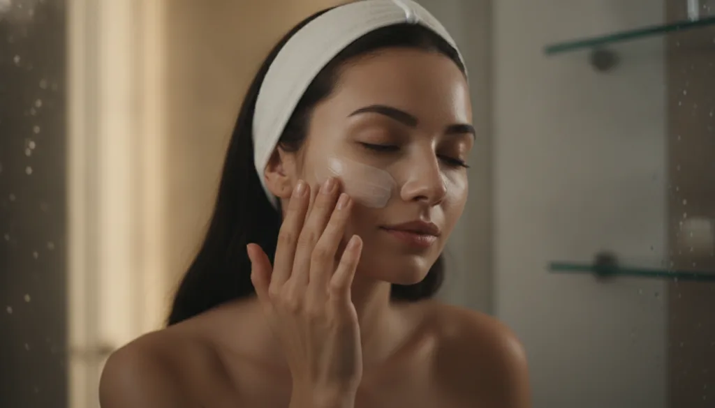 A woman gently applying a thin layer of the Vaseline and rice mixture to her face before bed showcasing a calm and seren