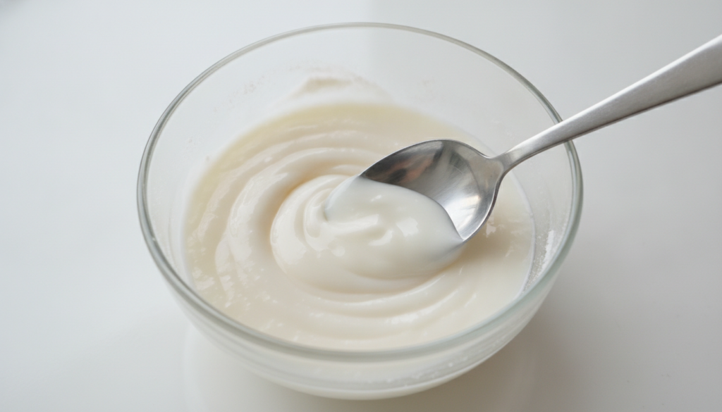A close-up shot of a small bowl with finely ground white rice powder and Vaseline being mixed with a spoon to form a smo