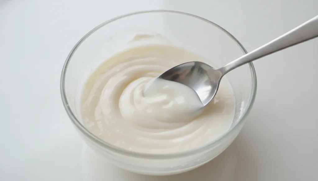 A close-up shot of a small bowl with finely ground white rice powder and Vaseline being mixed with a spoon to form a smo