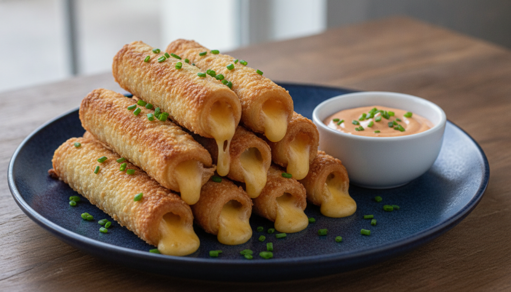 Cheesy Kimchi Chicken Candy Rolls with melted cheese oozing slightly served with a gochujang mayo dipping sauce