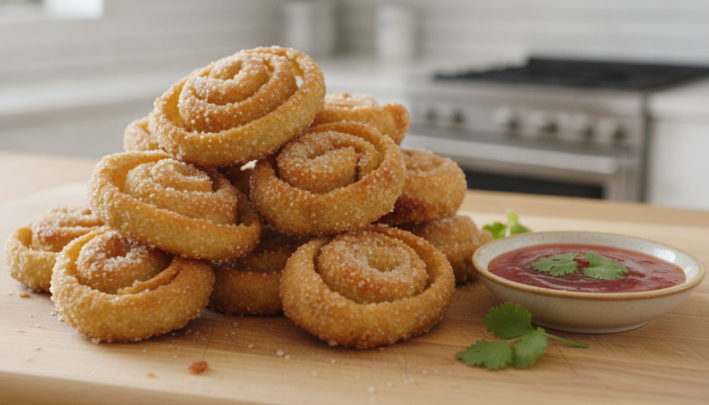 Crispy golden-brown vegetable and mushroom candy rolls served with a vibrant sweet chili dipping sauce