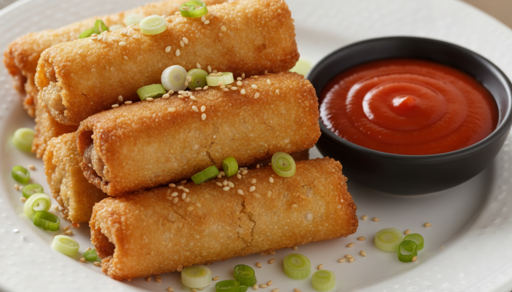 Spicy Sriracha Chicken Candy Rolls with a vibrant red dipping sauce and a sprinkle of sesame seeds
