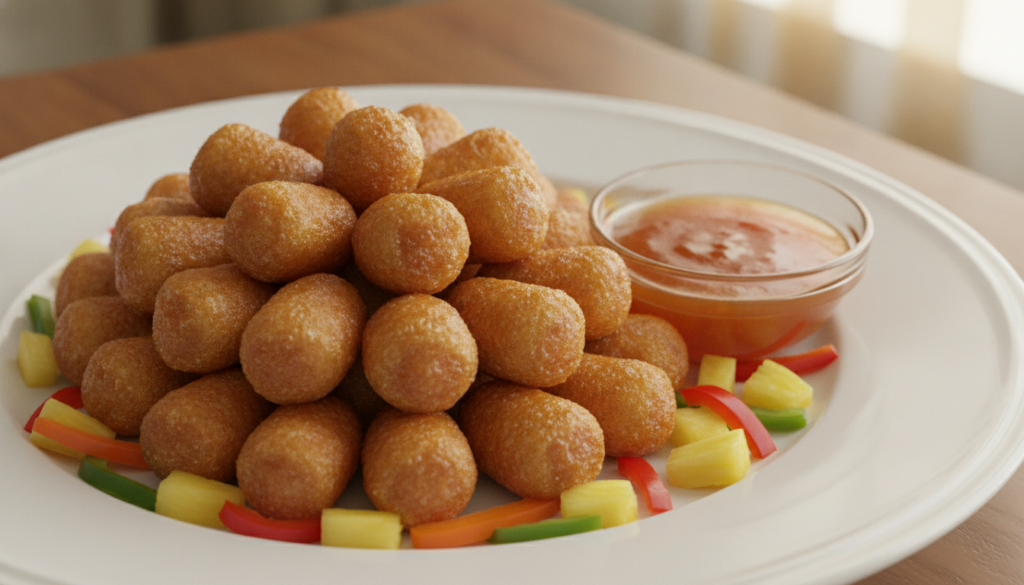 Golden-brown sweet and sour pork candy rolls with a vibrant sauce and a garnish of pineapple and bell pepper