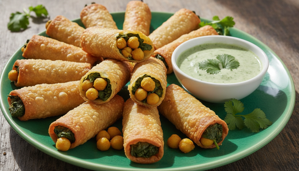 Crispy golden curried chickpea and spinach candy rolls with a creamy mint chutney dipping sauce