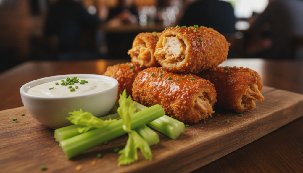 Spicy buffalo ranch chicken candy rolls golden brown and crispy with a side of creamy ranch dipping sauce