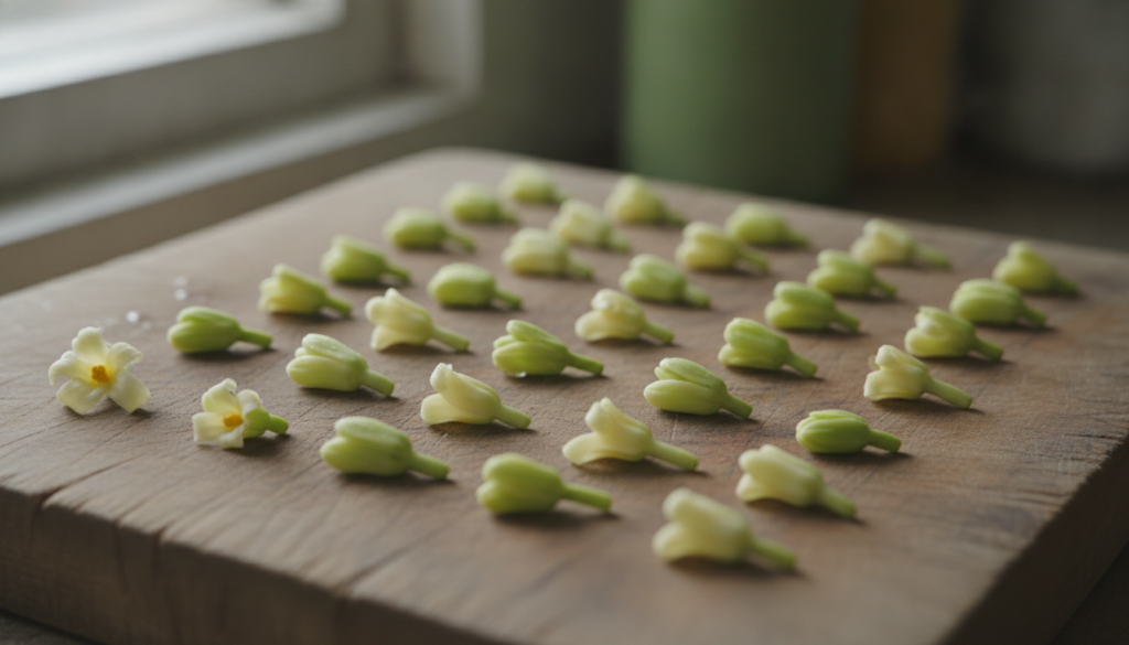 A close-up shot of fresh green papaya flower buds on a rustic wooden surface