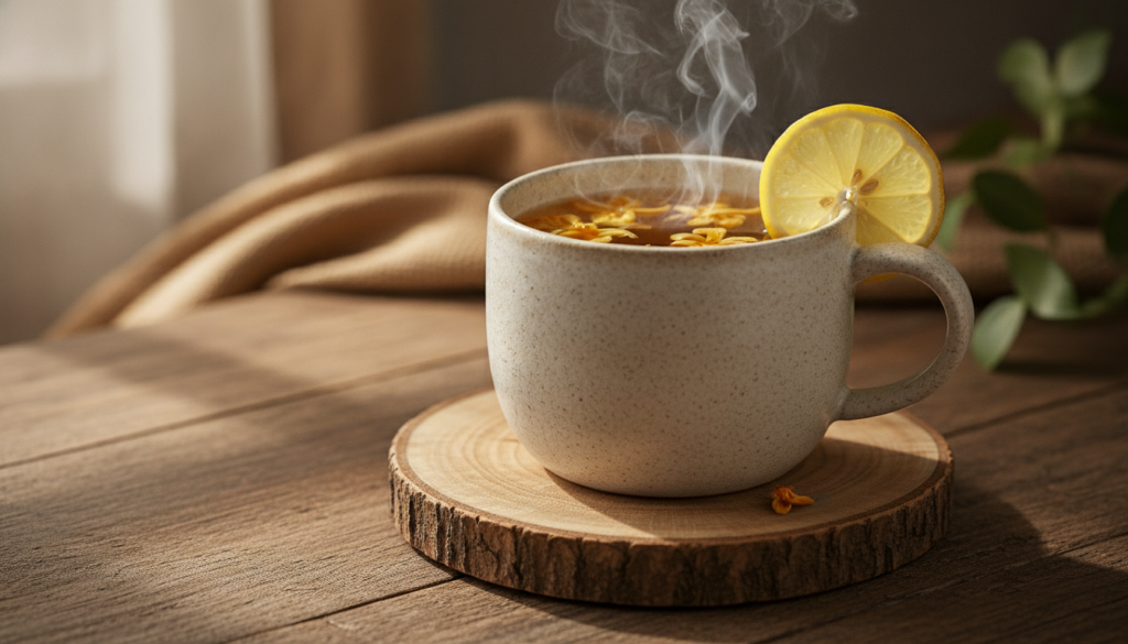A steaming cup of papaya flower tea garnished with a slice of lemon on a wooden coaster