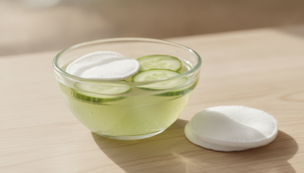 A close-up of fresh cucumber slices and cucumber juice in a small glass with a few cotton pads nearby arranged on a ligh