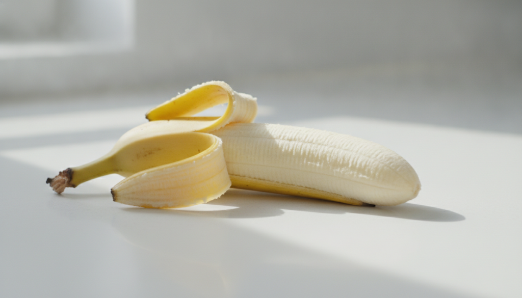 A single ripe yellow banana peeled halfway placed on a clean white surface or a light background