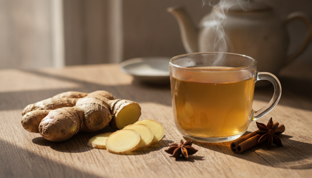 Fresh ginger root whole and sliced next to a cup of ginger tea or a dish infused with ginger on a natural wooden surface