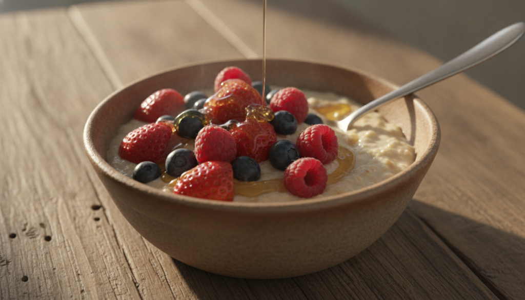 A warm bowl of oatmeal topped with fresh mixed berries and a drizzle of honey with a spoon on a rustic background