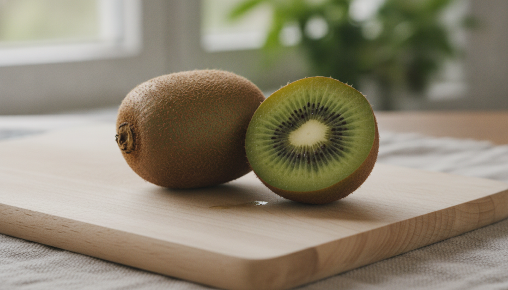 Two fresh green kiwi fruits one whole and one cut in half revealing its vibrant green flesh and tiny black seeds on a cu