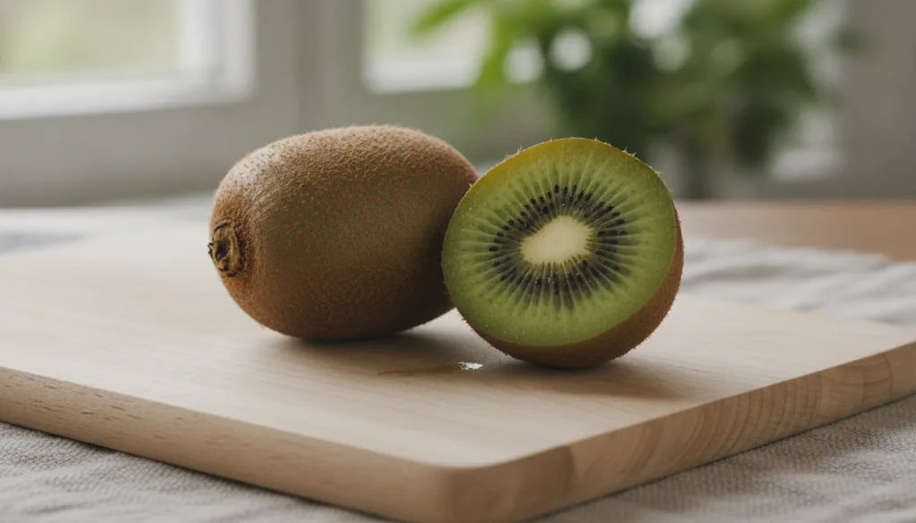 Two fresh green kiwi fruits one whole and one cut in half revealing its vibrant green flesh and tiny black seeds on a cu