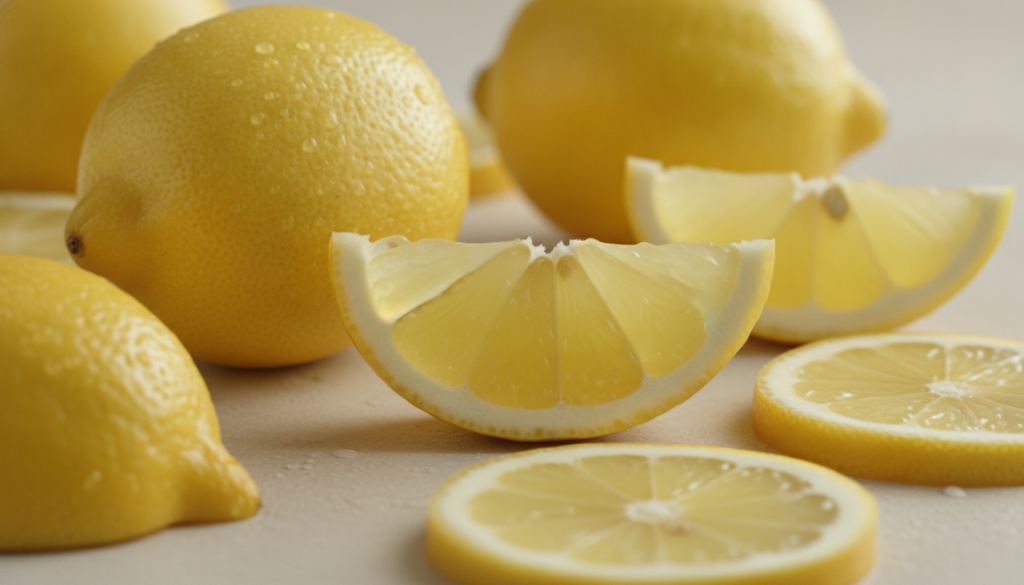 Close-up of fresh vibrant yellow lemons and lemon slices perhaps with water droplets illustrating natural freshness and 