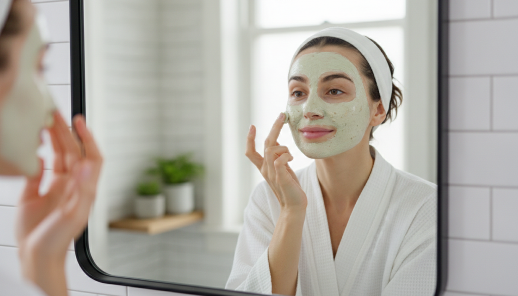 A woman gently applying a DIY face mask or cream to her cheek looking into a mirror emphasizing careful and targeted app