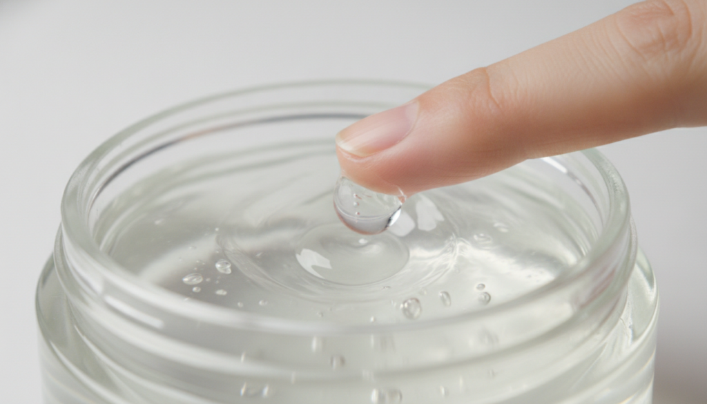 An open jar of petroleum jelly with a small dollop on a fingertip showing its texture and common use for moisturizing sk