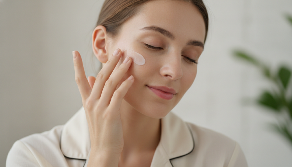 A woman gently massaging a small amount of the balm onto her clean face showing a soft radiant glow