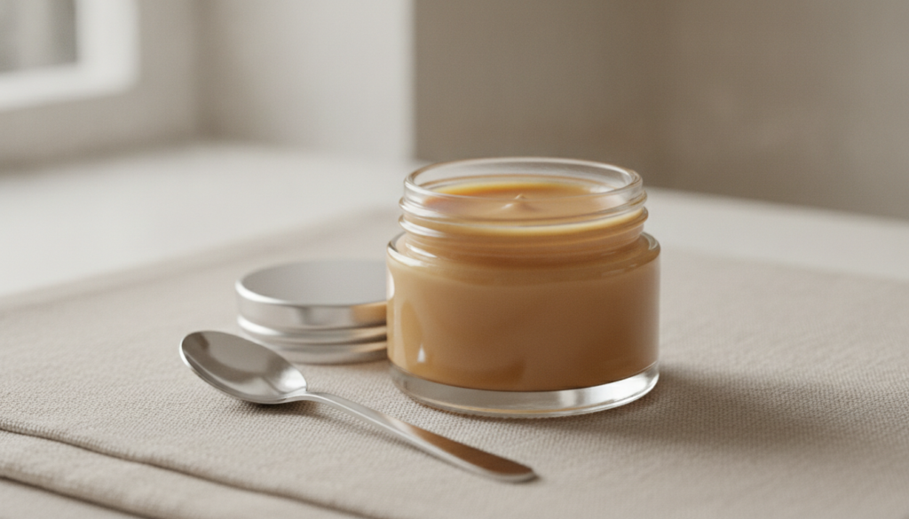 A small clean glass jar filled with the freshly mixed Vaseline turmeric and cocoa powder balm with a spoon resting besid