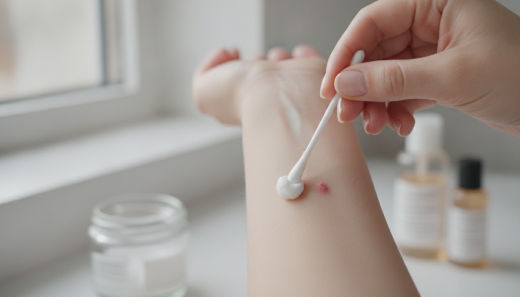 A close-up of a person s hand applying a white paste to a small skin imperfection on their arm with a cotton swab showin