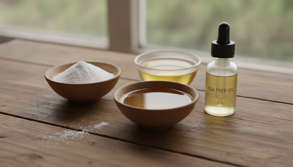 Small bowls of baking soda castor oil and a tiny bottle of tea tree oil on a wooden surface ready to be mixed