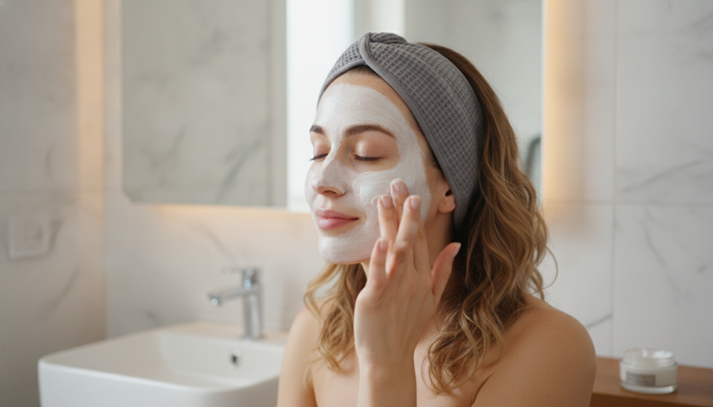 A woman gently applying a white creamy face mask to her clean face in a well-lit bathroom