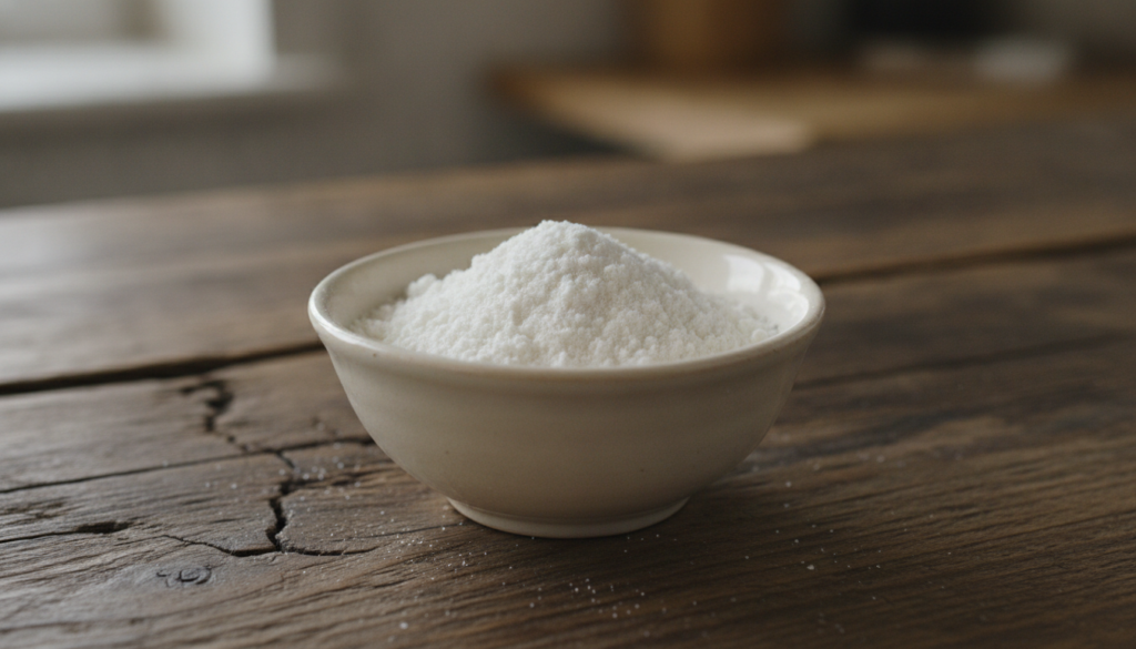 Close-up of finely ground white rice powder in a small bowl ready to be mixed