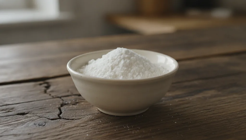 Close-up of finely ground white rice powder in a small bowl ready to be mixed