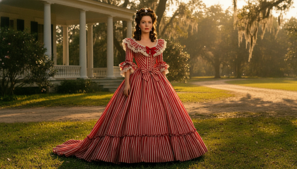 Vivien Leigh as Scarlett O Hara in a grand Southern belle gown looking defiant