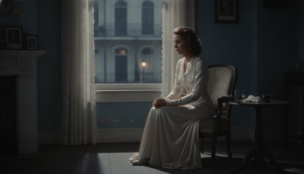 Vivien Leigh as Blanche DuBois looking pensive and delicate