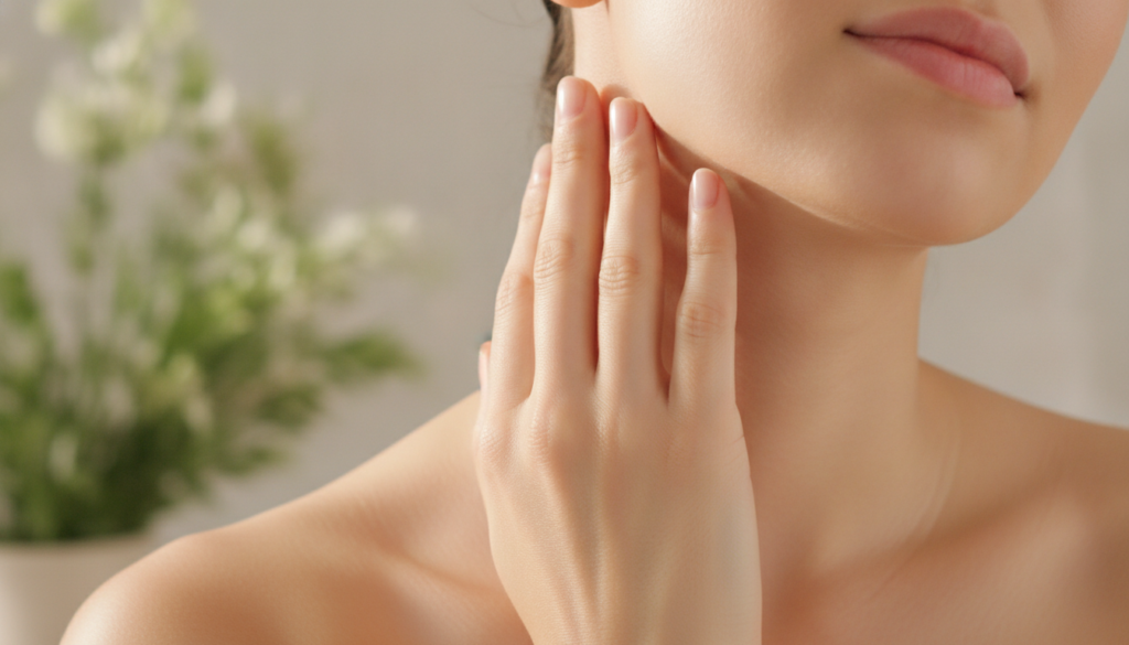 A person looking confidently at their neck which appears visibly brighter and more even-toned after using a natural reme