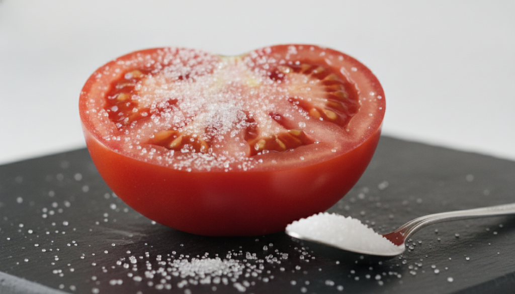 A close-up shot of a half-cut red tomato dipped in granulated white sugar ready for application as a scrub The sugar cry