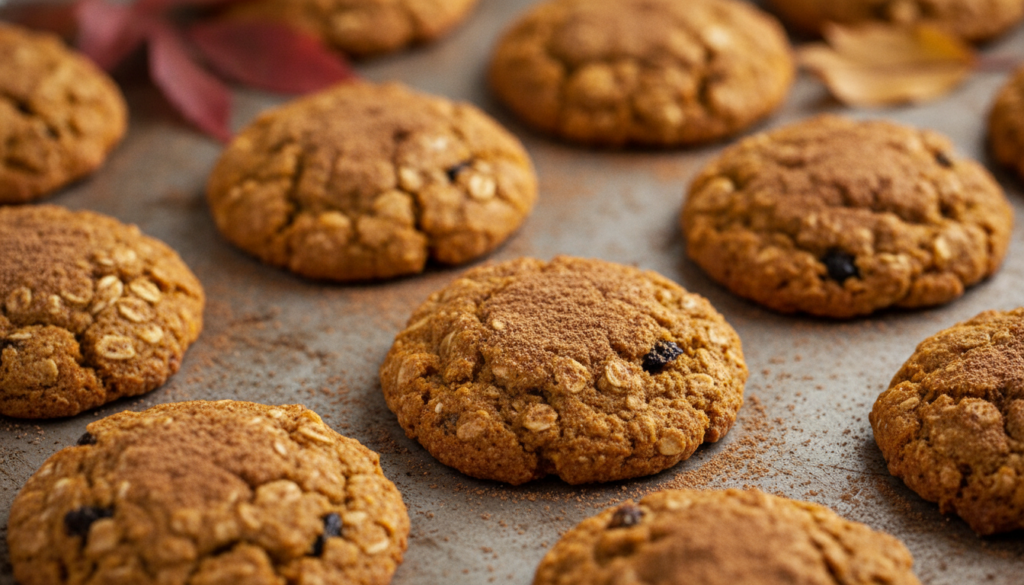 Warmly spiced pumpkin oat cookies slightly orange-hued with a dusting of cinnamon on a rustic baking tray with autumn le
