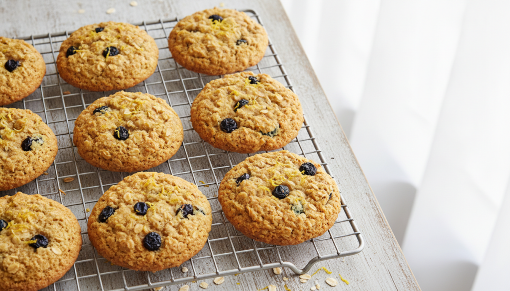 Lightly golden lemon blueberry oat cookies with visible dried blueberries and lemon zest arranged on a cooling rack with