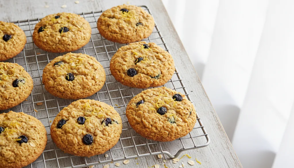 Lightly golden lemon blueberry oat cookies with visible dried blueberries and lemon zest arranged on a cooling rack with