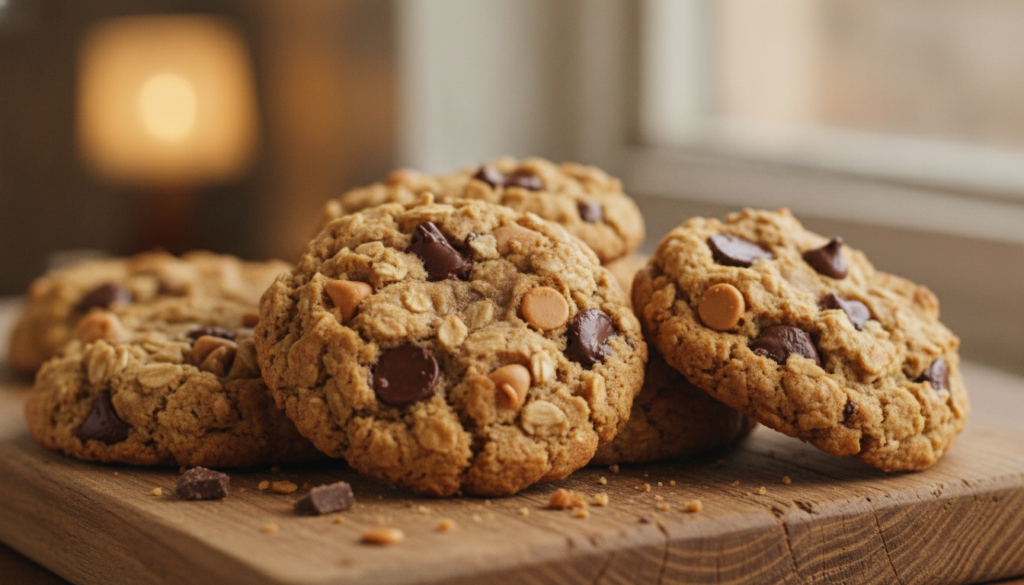 Healthy peanut butter chocolate chip oat cookies golden brown with visible oats and melted chocolate chips on a rustic w