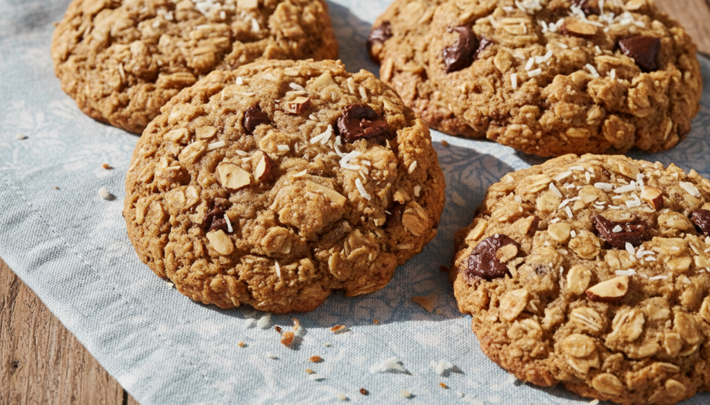 Chocolate coconut almond oat cookies featuring shredded coconut and visible almond pieces alongside chocolate chips on a