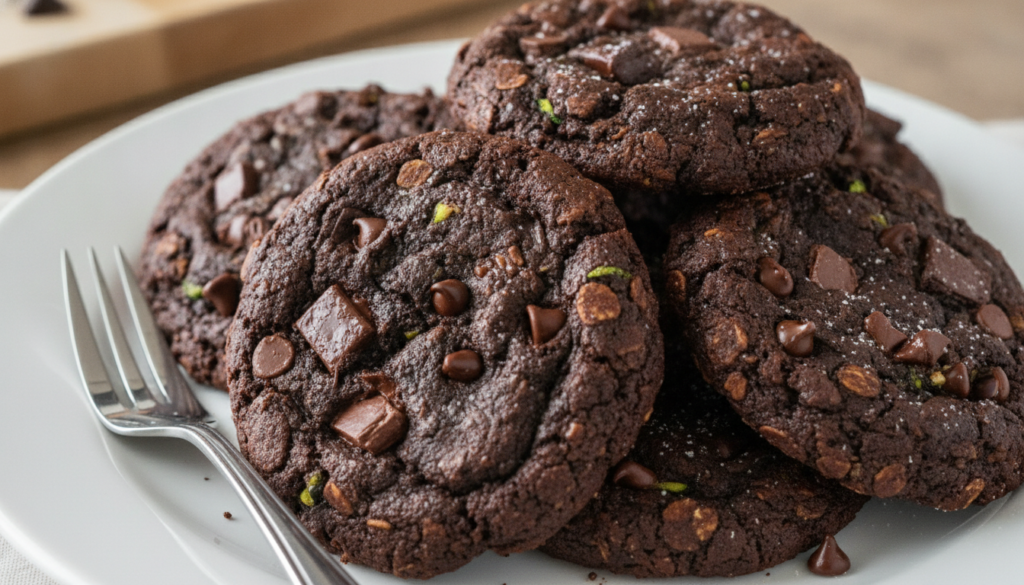 Dark double chocolate zucchini oat cookies with subtle flecks of green zucchini visible and rich chocolate chips on a wh