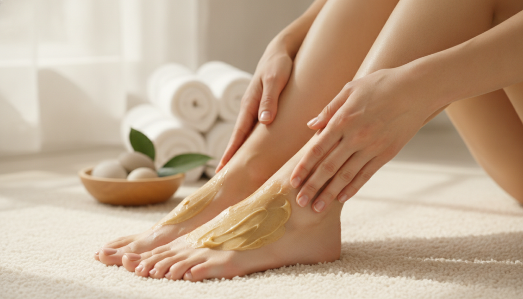 A person applying a rich natural moisturizer to their clean smooth feet after a DIY pedicure with a relaxed and pampered