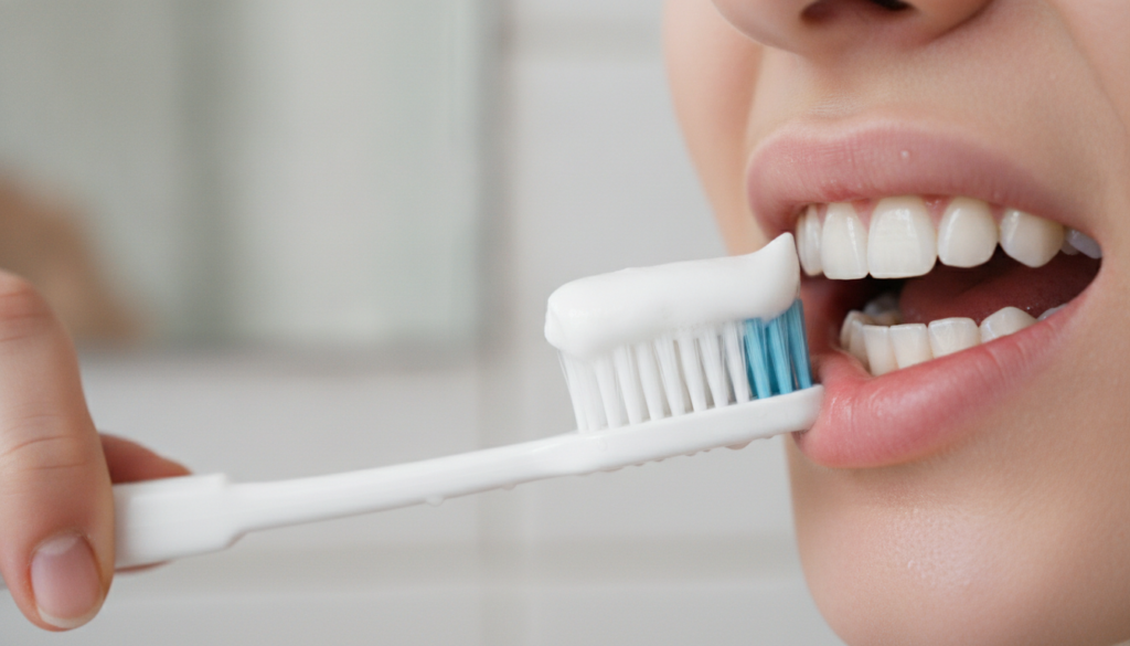 A person gently brushing their teeth with a soft toothbrush dipped in a DIY paste showing the application process with c