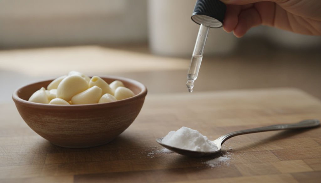 A close-up of peeled garlic cloves in a small bowl next to a teaspoon of baking soda and a dropper adding a few drops of