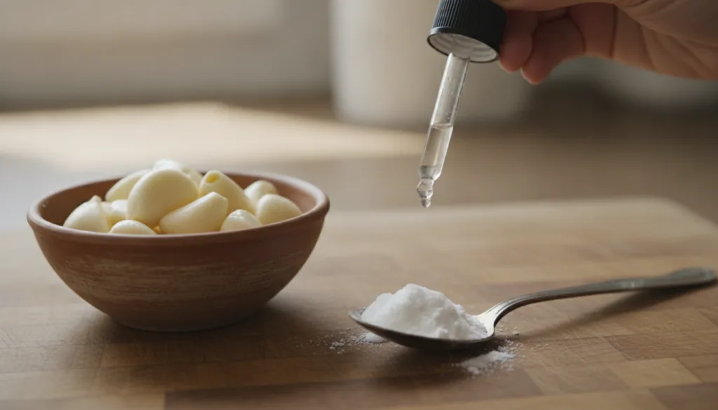 A close-up of peeled garlic cloves in a small bowl next to a teaspoon of baking soda and a dropper adding a few drops of