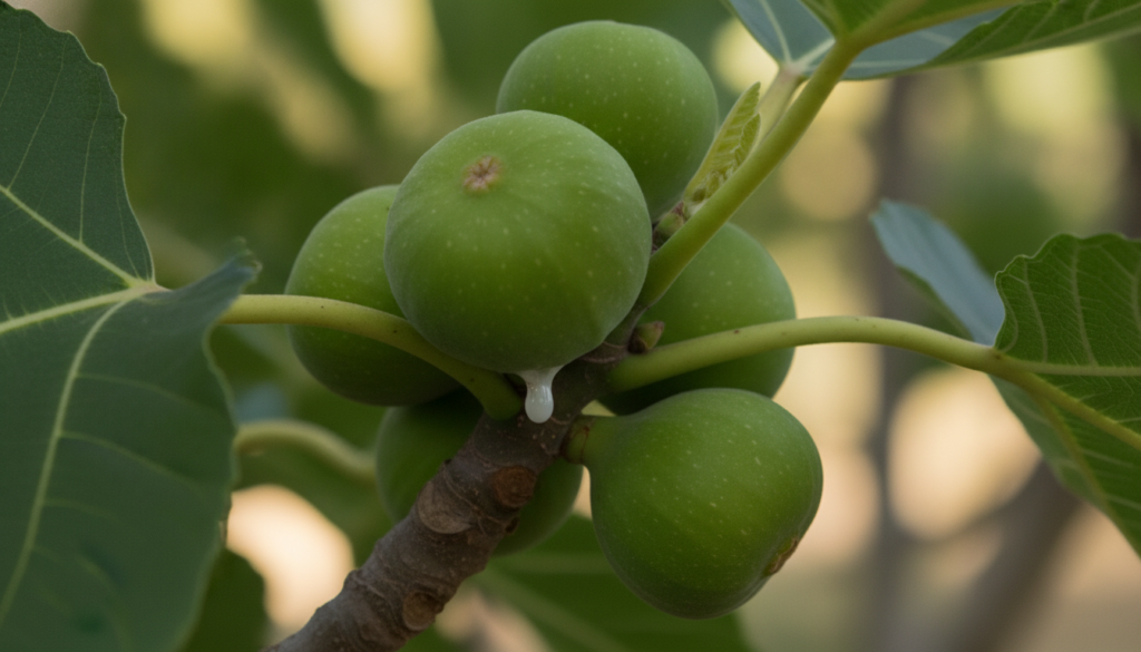 A cluster of unripe green figs growing on a tree branch with some sap visible at a recent detachment point